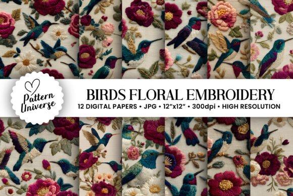 Professional Design Review: Birds Floral Embroidery Digital Papers