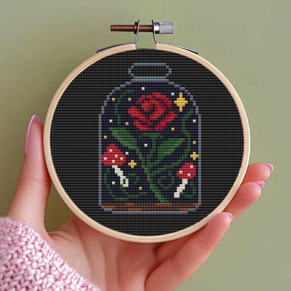 Rose in Magic Jar Cross Stitch Pattern for Business Merchandise
